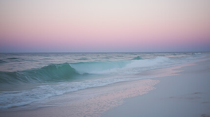 Obraz premium the ocean waves hitting a white sand beach, with a pastel pink and lavender sky 