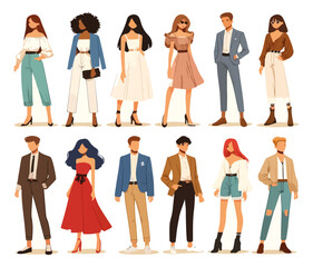 Obraz premium Vector illustration of diverse individuals in stylish outfits, showcasing modern fashion trends and elegant attire, ideal for lifestyle and fashion themes