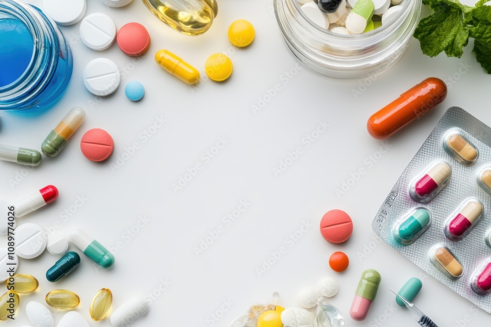 Poster Overview of various medications and supplements arranged on a white surface with a green garnish