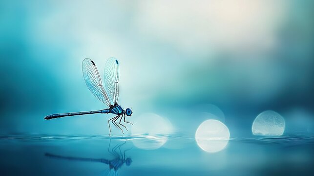   Dragonfly on Water - A close-up photo of a dragonfly hovering over water, with a softly blurred background of rippling water