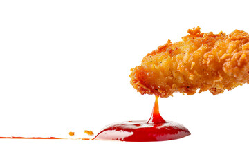 Juicy breaded fried chicken nugget being dipped in tangy tomato sauce, showcasing a mouthwatering pairing isolated on transparent background