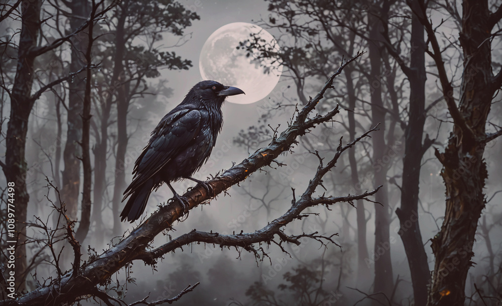 Poster a black crow is perched on a tree branch in a forest. the moon is visible in the sky, casting a pale