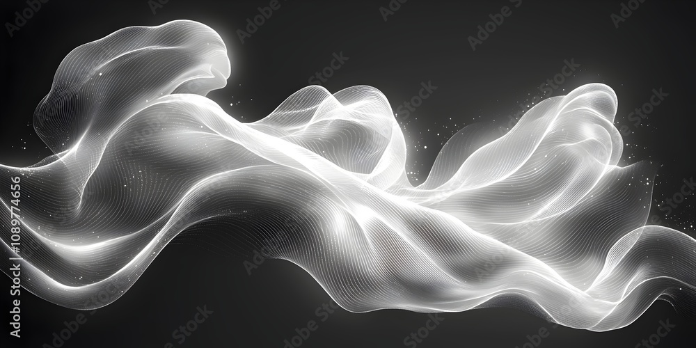 Poster an ethereal wave of translucent white fabric gracefully flows against a dark backdrop, creating a se
