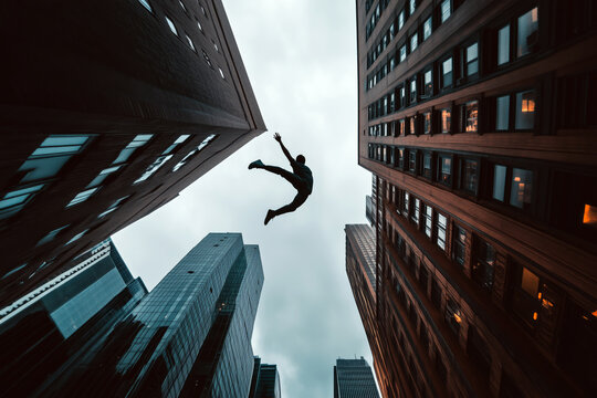 Free runner performing a death-defying jump between two tall buildings, the city skyline in the background, capturing the thrill of urban exploration.