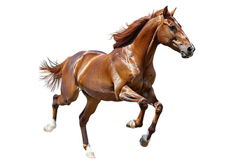 Obraz premium Lively brown horse running joyfully, showcasing its spirited personality and strength isolated on transparent background