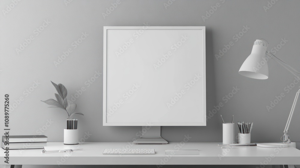 Poster minimalist white workspace featuring blank frame and desk