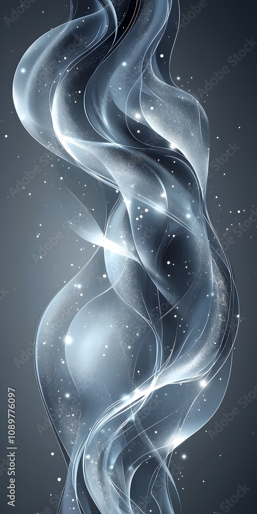Poster abstract art featuring swirling, translucent waves of light, creating an ethereal atmosphere with a 