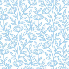 Fototapeta premium Blue white vintage climbing floral print, seamless repeating vector flower pattern, hand drawn feminine elegant garden wallpaper design