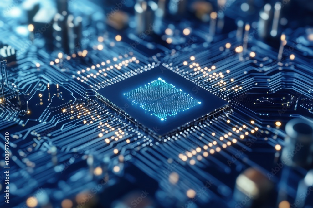 Poster close-up view of a microprocessor on a circuit board showcasing intricate connections and design