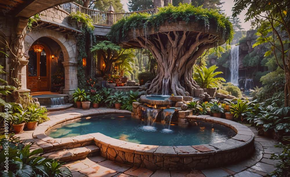 Poster a beautiful garden with a fountain and a tree. the fountain is surrounded by potted plants and the t