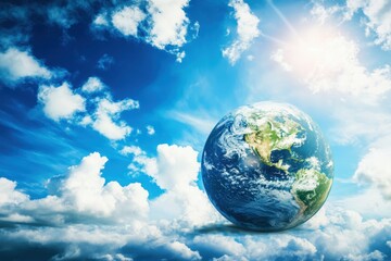 Naklejka premium A vibrant view of Earth amid clouds under bright sunlight in a clear blue sky