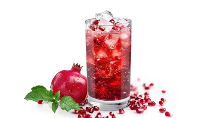 A refreshing pomegranate drink in a tall glass with crushed ice and pomegranate seeds scattered around, set against an isolated white background for an elegant ad.