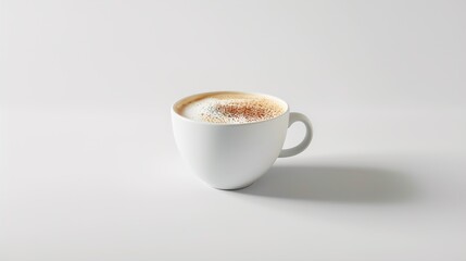 A rich chai latte served in a ceramic cup with frothy spiced milk, garnished with a sprinkle of cinnamon, placed on a bright white background for a warming ad.