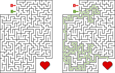 Labyrinth with two entrances. Find the right way and reach the exit of the maze. Mental educational game template with clue. Vector illustration
