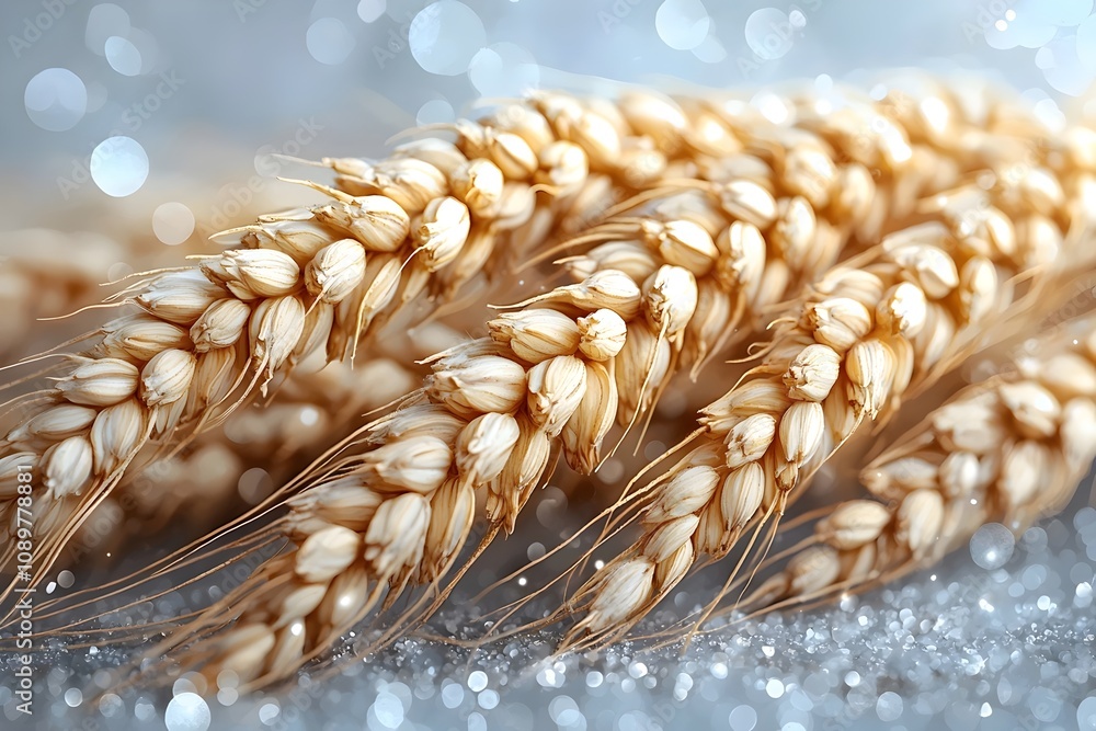 Poster close-up of golden wheat ears with a soft bokeh background, showcasing intricate details and texture