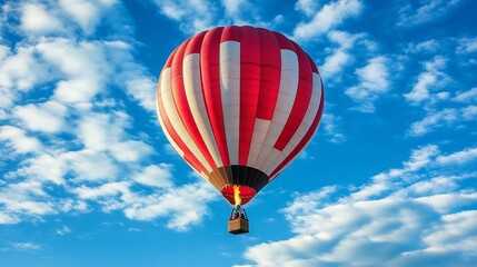 Obraz premium Red and white hot air balloon soaring in a vibrant blue sky with fluffy clouds.