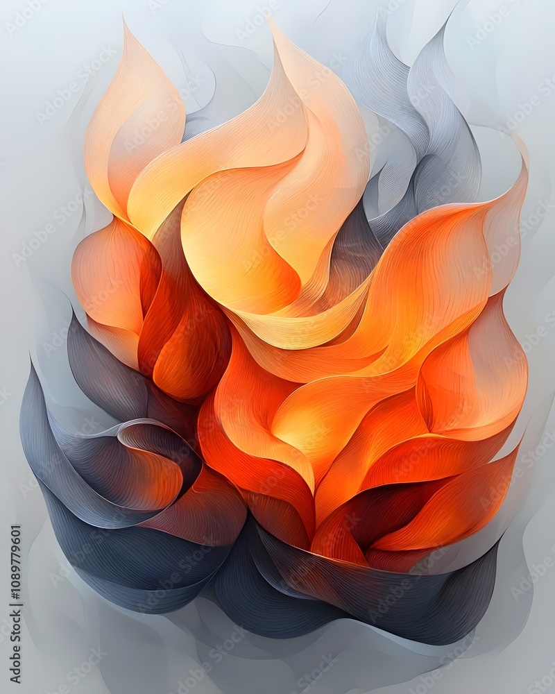 Poster an abstract representation of flames, featuring flowing curves in vibrant hues of orange and red, co
