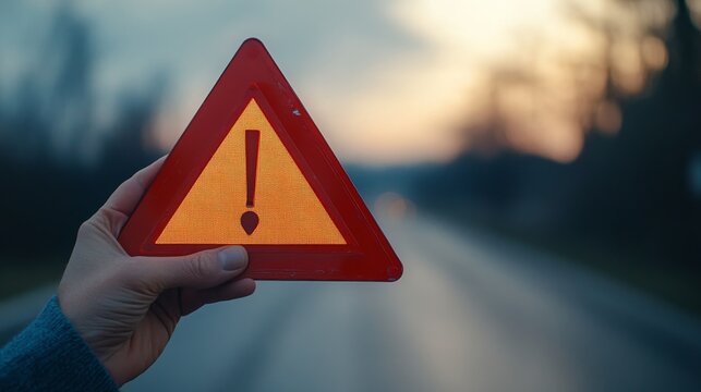 A hand holds a red triangle warning sign.  This means there's a problem that needs fixing, and there's a risk involved.