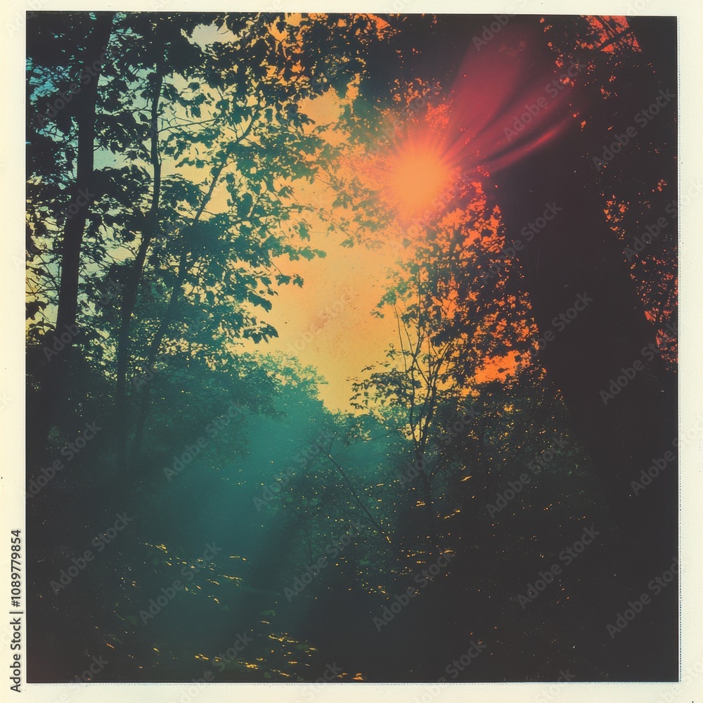 Poster sunset rays filtering through a lush forest, creating a serene and warm atmosphere.