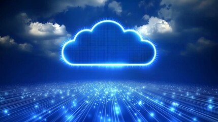 A picture shows a cloud computer network.  It symbolizes online data storage and fast data transfer.  The image uses simple lines and dots on a blue background.