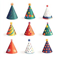 Colorful party hats in various designs for celebratory occasions.