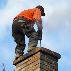 A male worker in an orange shirt repairs a chimney under a blue sky.