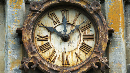 Obraz premium Detailed view of a gothic clock face with roman numerals, encased in weathered iron.