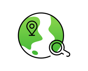 Internet Location Search Icon, Line Art with Earth, Magnifying Glass, Location Marker with green