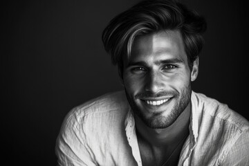 Obraz premium Charming Young Male Model in Trendy Attire: A Portrait of a Stylish Latin Fashion Man Smiling Confidently