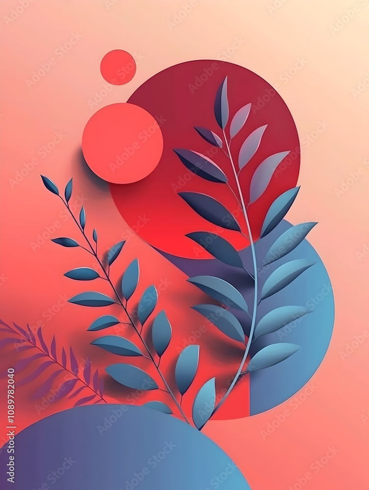 Poster a vibrant abstract composition featuring layered leaves in blue tones against a backdrop of red and 