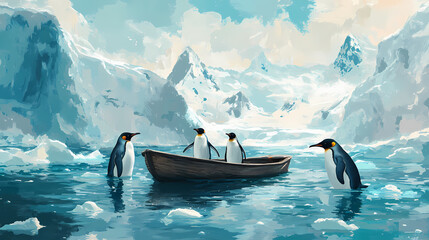 Fototapeta premium Penguins' icy commute: three penguins navigate a serene, icy landscape, two in a wooden boat and one swimming, reflecting the tranquility of polar life. Icy Arctic Expedition. Illustration