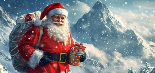 Santa Claus in snowy mountain landscape