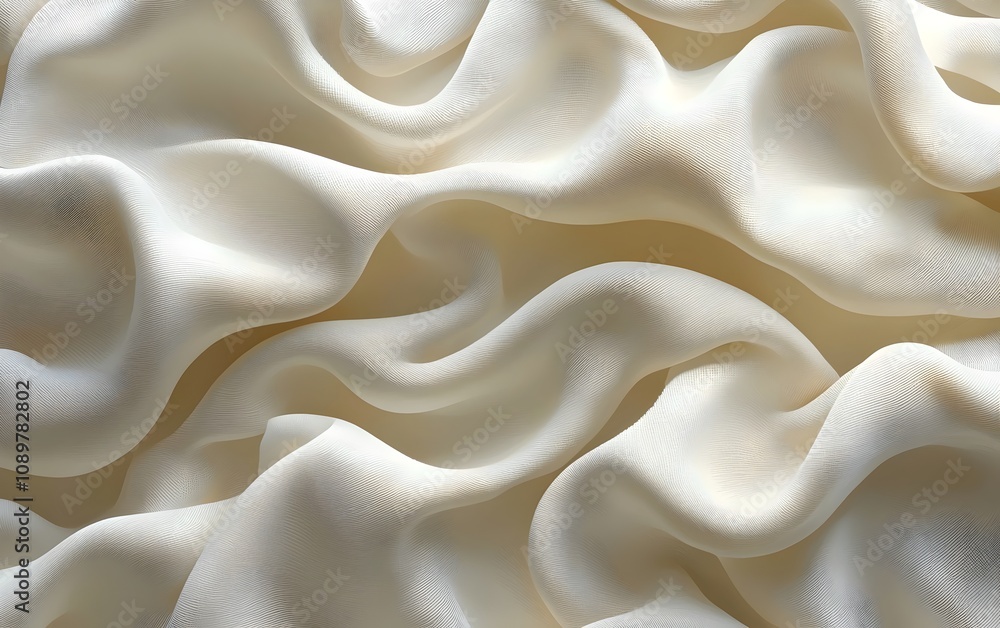 Poster a close-up view of elegant, undulating cream-colored fabric, showcasing its smooth texture and the s