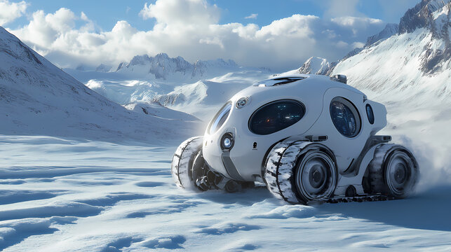 A futuristic, white, tracked vehicle drives across a snowy, icy landscape. Icy Arctic Expedition. Illustration