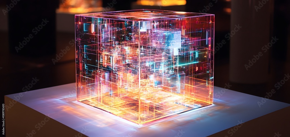 Poster abstract glowing cube with colorful lights.
