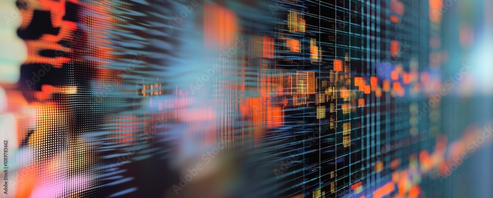 Aufkleber abstract digital data visualization with vibrant colors and dynamic patterns.
