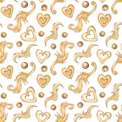 Watercolor seamless pattern with jewelry. Jewelry, gold jewelry, monograms, heart and beads. Fashionable print for design and decoration. Wrapping paper, stylish background, wallpaper. Luxury women