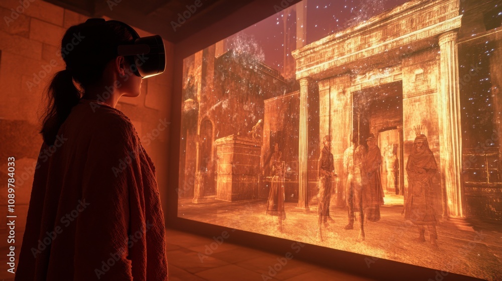 Fototapete a person experiences a virtual reality simulation that depicts ancient architecture and figures.
