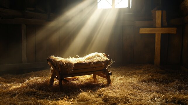 Serene nativity scene  empty wooden cradle with cross illuminated by radiant light rays