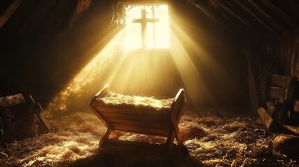 Serene nativity scene  unoccupied wooden cradle with cross and radiant light streaming in