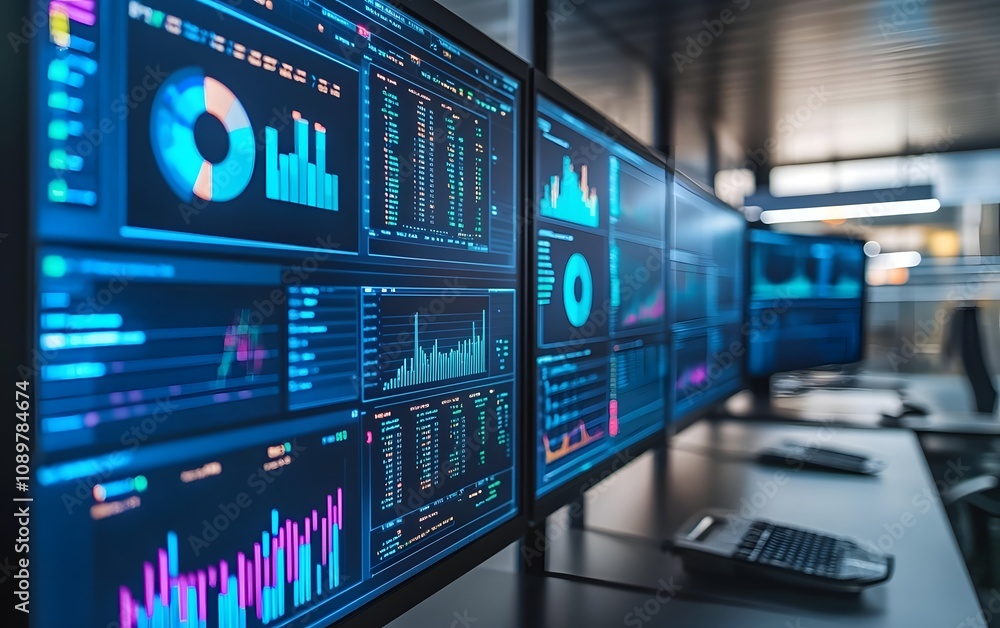 Poster Data visualization on multiple computer screens.