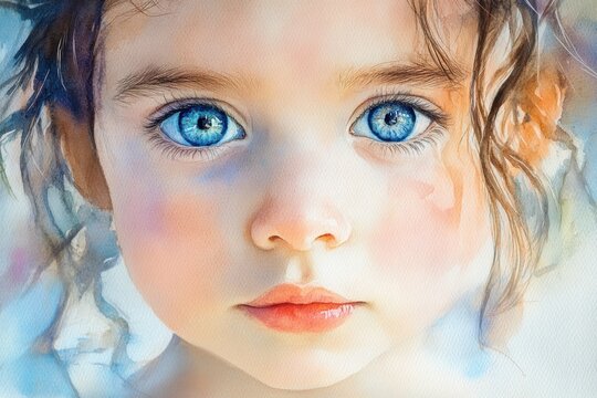 childhood innocence, a serene gaze of childhood innocence captured in a close-up watercolor portrait