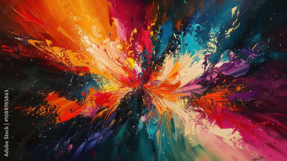 Poster abstract painting with vibrant colors exploding from the center, creating a dynamic and energetic co