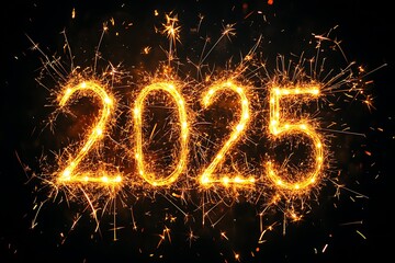 Vibrant New Year fireworks with the numbers "2025" and sparkling lights around them.