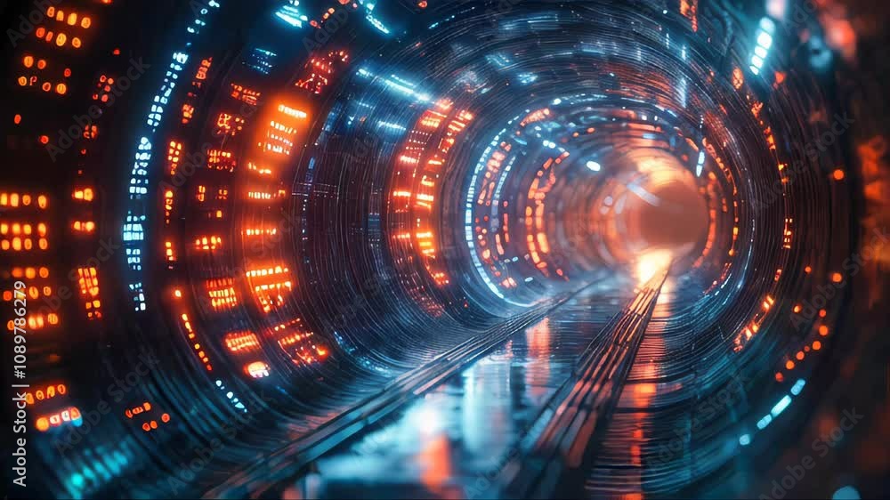 Poster futuristic tunnel with glowing red and blue binary data flowing along its walls, representing data t