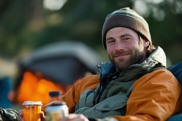 A male outdoor enthusiast relaxing with campfire beverage.