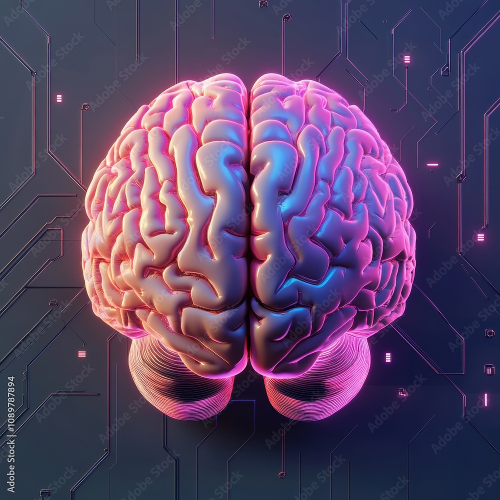 Poster a vibrant digital brain with neon colors and circuit patterns, symbolizing technology and intelligen