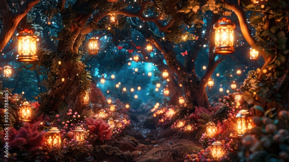 Poster a magical forest path illuminated by glowing lanterns and fairy lights, creating a whimsical and enc