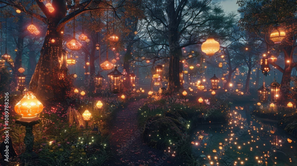 Poster a magical forest path illuminated by glowing lanterns, creating a whimsical and enchanting atmospher