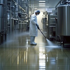 A male worker in protective gear sanitizes a large industrial kitchen.